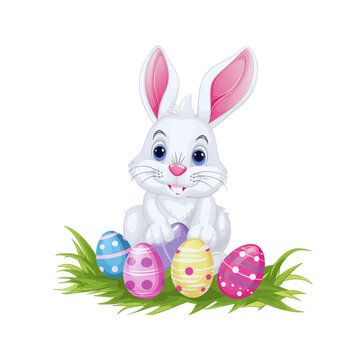 Easter bunny with easter colorful eggs and grass png transparent background.