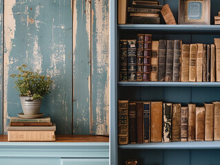 Vintage books and potted plant on a rustic blue wooden background. Cozy home library and shabby chic decor concept for design and print