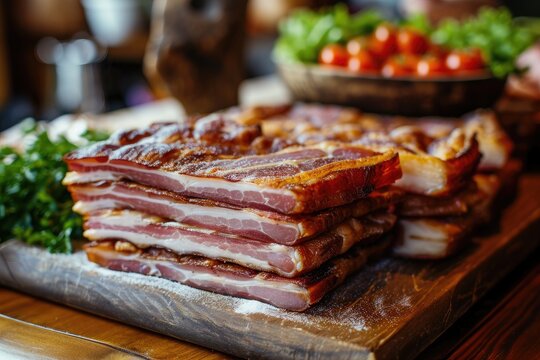 Close up of large chunks of fresh salted bacon on a village market counter A natural organic product from a handmade farm using traditional methods