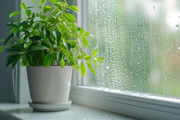 Selective focus on condensation on PVC window and white plastic window with a houseplant in the background Concept of indoor plants and humidity