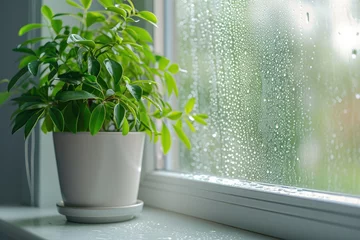Foto op Aluminium Selective focus on condensation on PVC window and white plastic window with a houseplant in the background Concept of indoor plants and humidity © The Big L
