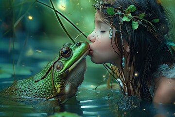 beautiful young woman kissing a frog
