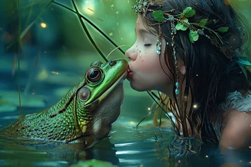 Rolgordijnen beautiful young woman kissing a frog © Jorge Ferreiro