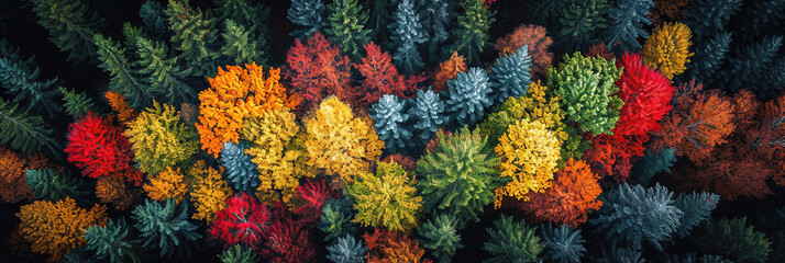 Aerial photography capturing vibrant colors in natural landscapes. Multicolor trees from above.