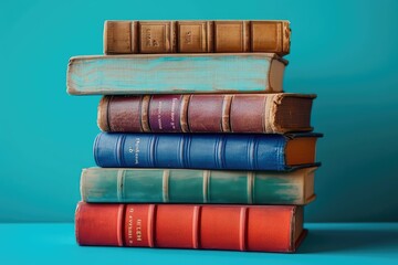 pile of books on a blue background