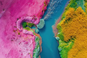 Poster Roze Aerial photography capturing vibrant colors in natural landscapes. Colorful river and terrains from above.