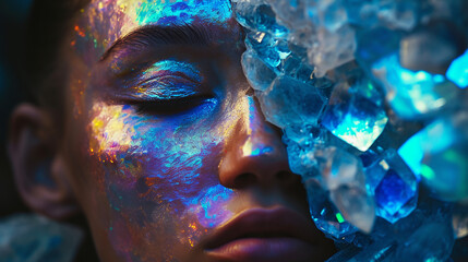 Woman face with iridescent fictional make up. 