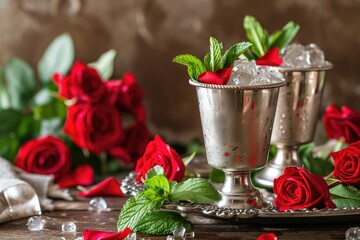 Traditional silver cups with red roses and horse shape in the background accompany mint juleps - obrazy, fototapety, plakaty