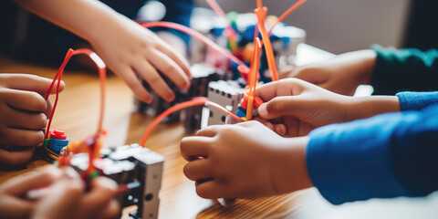 Close-up of a childs hands programming a robot during an elementary school coding class