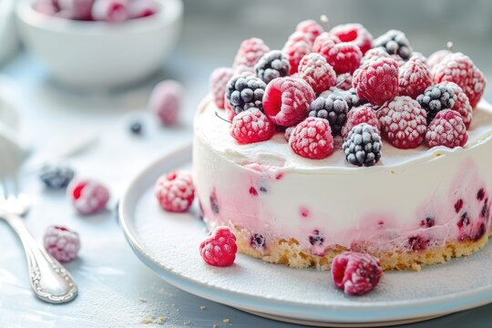 Focused on are frozen berries atop a vanilla ice cream cake