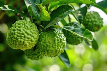 Obraz premium Group of fresh bergamot fruits hanging from a tree branch symbolizing a healthy food concept in a garden