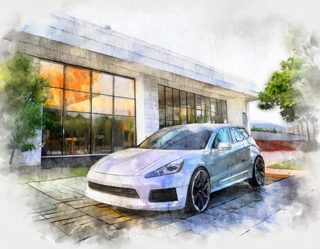 dessin aquarelle d'une voiture électrique devant une maison d'architecte