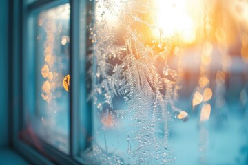Blurry bokeh effect on PVC plastic windows frozen with ice and water for heating a home - obrazy, fototapety, plakaty