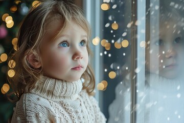 Little girl in white waiting for Santa by the window on New Year s Eve