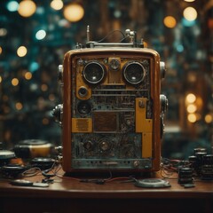 "Imagine a captivating scene where a robot, intricately crafted from vintage analog stereo components, stands in a retro-futuristic environment, emitting a fusion of nostalgic vibes and cutting-edge