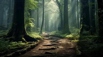 Fotobehang Sunlit Pathway Through Dense, Green Forest © Misro