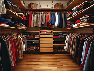 Spacious walk-in closet with neatly arranged clothes and wooden shelves. Luxury home and interior wardrobe design concept. Design for custom closet systems brochure, home organization guide. Interior 