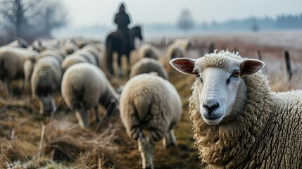 Obraz premium A flock of sheep in a pasture. Early spring morning, dew on the grass. One sheep looks directly into the frame. In the blurred background a shepherd on a horse.Copy space.