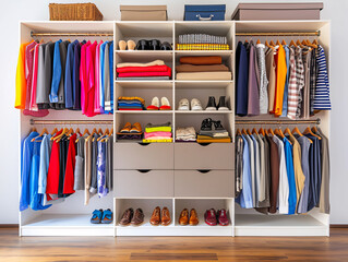 "Colorful wardrobe organization with a variety of clothes and shoes. Home organization and interior design concept. Design for closet organization system advertisement, home storage solutions catalog.