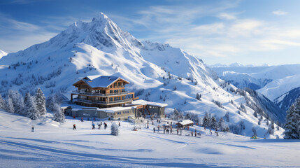 Skiers near a cozy mountain lodge amidst a snow-covered alpine landscape - obrazy, fototapety, plakaty