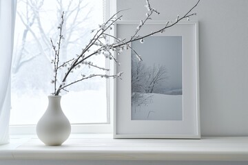 Delicate vase on tall window white wooden table framed snowy landscape background