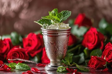 Close up of a silver cup with a mint julep red roses in the background focused - obrazy, fototapety, plakaty