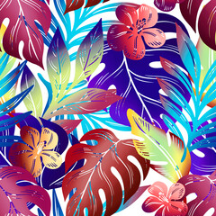 Seamless floral pattern of tropical flowers and leaves. Botanical wallpaper illustration in Hawaiian style