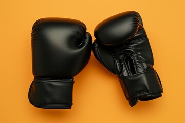 ultra-realistic layout, wide black boxing gloves for men, on a bright orange background, matte photo, a  mock up  with an empty space for your design