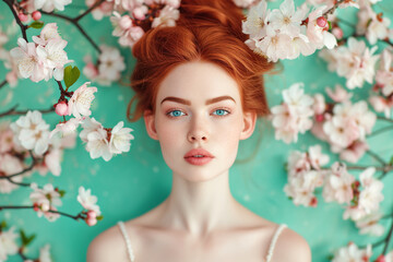A young beautiful red-haired woman stands near a branching spring blossoming apple trees. Spring season concept.