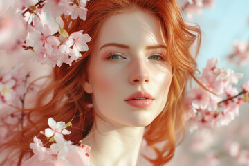 Fototapeta premium A young beautiful red-haired woman stands near a branching spring blossoming apple trees. Spring season concept.