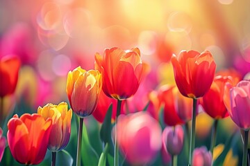 カラフルな春のチューリップ写真（春爛漫・幻想的・色鮮やか・花言葉） - obrazy, fototapety, plakaty