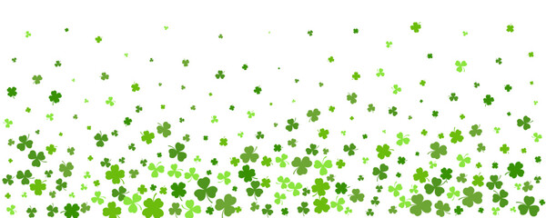 St. Patrick Day shamrock clover background. Seamless vector border with flying green leaves for posters banners and greeting cards.