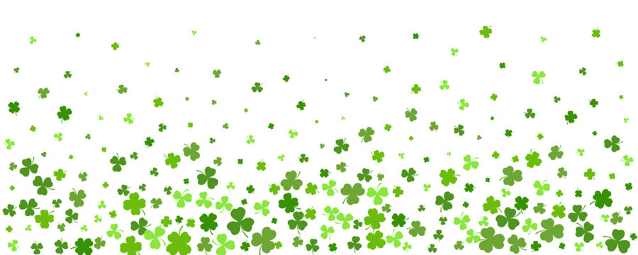 St. Patrick Day shamrock clover background. Seamless vector border with flying green leaves for posters banners and greeting cards.