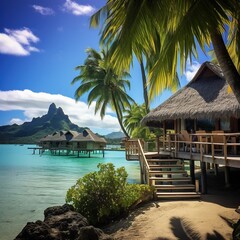 Bora Bora Many hotels offer private bungalows suspended over the water like these.beach house, tropical resort hotel