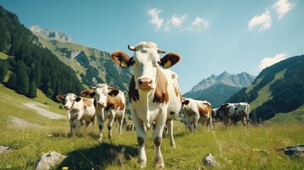 Fototapeta na wymiar A herd of well-groomed, beautiful, healthy cows graze on a green meadow in the mountains. Modern farm life. Ecologically clean products. Dairy industry. High quality photo