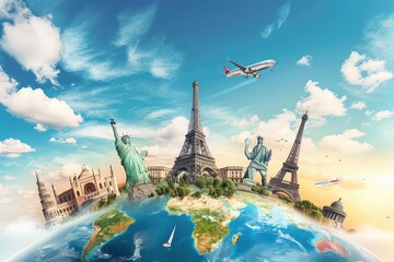 travel concepts poster with a globe with several Landmarks of all countries, sky-blue and white, in the style of photorealistic painting
