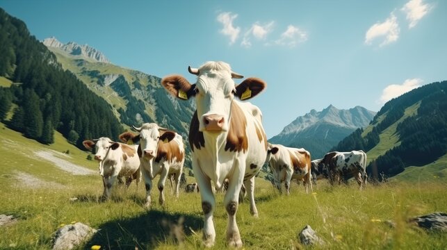 A herd of well-groomed, beautiful, healthy cows graze on a green meadow in the mountains. Modern farm life. Ecologically clean products. Dairy industry. High quality photo