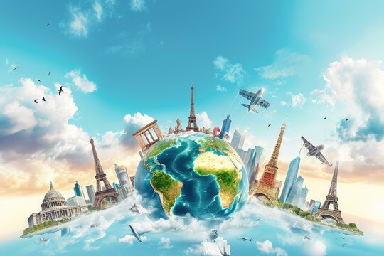 travel concepts poster with a globe with several Landmarks of all countries, sky-blue and white, in the style of photorealistic painting