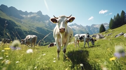 A herd of well-groomed, beautiful, healthy cows graze on a green meadow in the mountains. Modern farm life. Ecologically clean products. Dairy industry. High quality photo