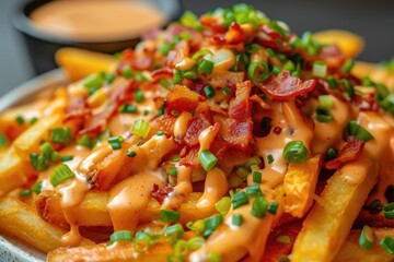 Loaded French fries with crispy bacon cheese sauce and spring onion - obrazy, fototapety, plakaty