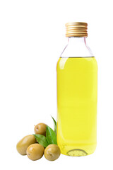 Bottle of olive oil and olives isolated