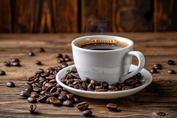 Coffee in a white cup with beans on a wooden table in a warm setting with copy space