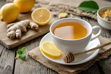 Sierkussen Healthy concept Green natural tea with ginger lemon and honey served in a white cup on a wooden background emphasizing a hot winter beverage © The Big L