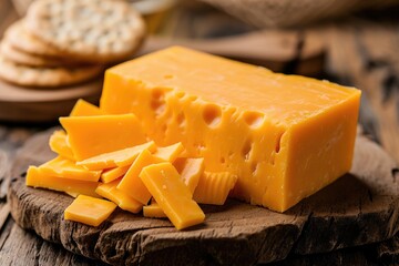 Cheddar cheese block with selective focus on rustic background