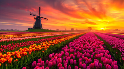 Sunset splendor over Dutch tulip fields with windmill horizon