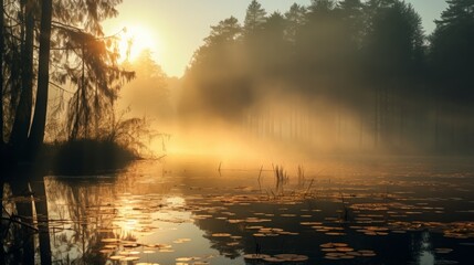 Fototapeta premium Mystical Sunrise Over Foggy Forested Lake