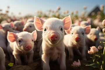 Ecological pigs and piglets at the domestic farm, Pigs at factory - obrazy, fototapety, plakaty