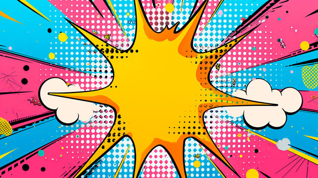 Colorful pop art comic background with explosive bubbles and dots.
