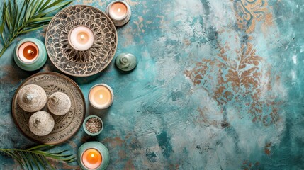 Soft hues, intricate patterns, and calligraphy evoke a serene Ramadan atmosphere with copy space
