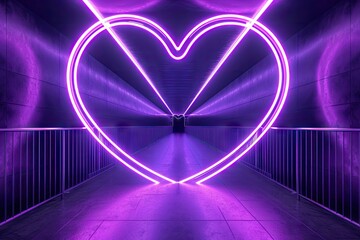 Perspective tunnel background with a neon purple heart shape in 3D